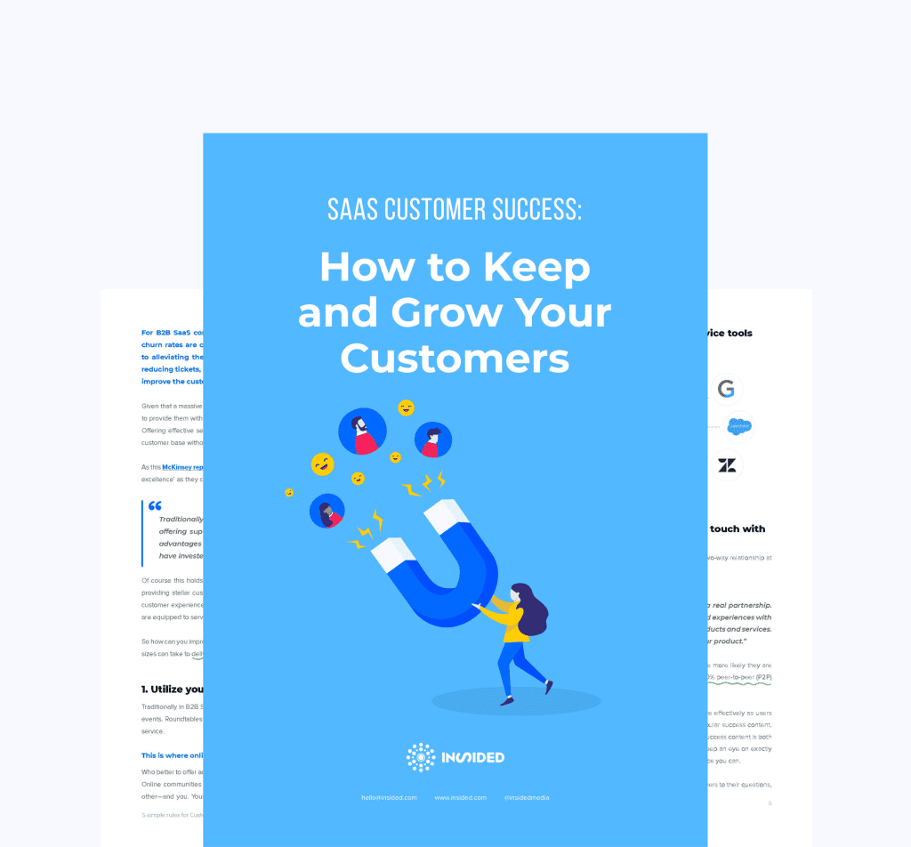 The cover of an ebook titled "SaaS Customer Success: How to Keep and Grow Your Customers" published by InSided. The ebook's title is in a white simple sans serif font against a light blue background. A simple illustration in the flat "corporate art" style shows a woman holding a large magnet which is attracting bubbles containing people and smiling emojis.
